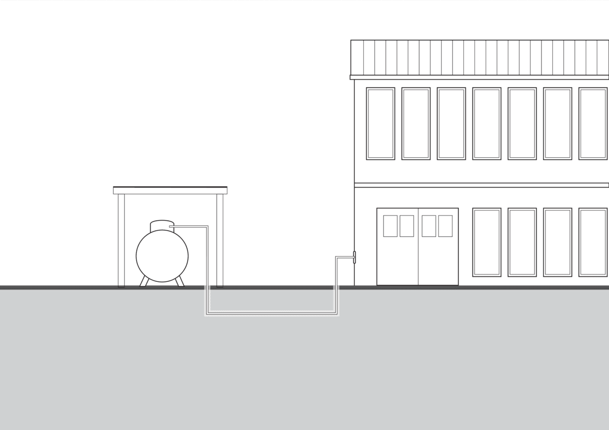 Oberirdisch aufgestellter, eingehauster Fluessiggastank Gewerbe und Industrie